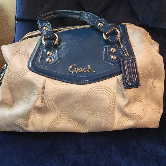 Coach Handbags - Coach Ashley Signature C Cloth Satchel Patent Leather Trim Ivory Blue F20027